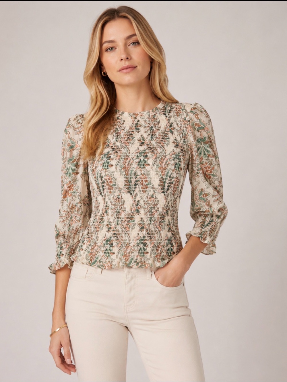 Veronica Beard Cream Floral Smocked Blouse with Green Accents